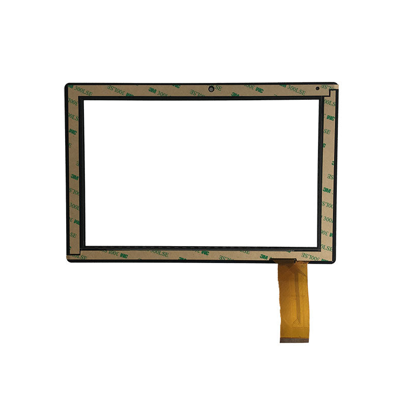 Back view of DXP2-0338-101A touch screen glass showing adhesive tape
